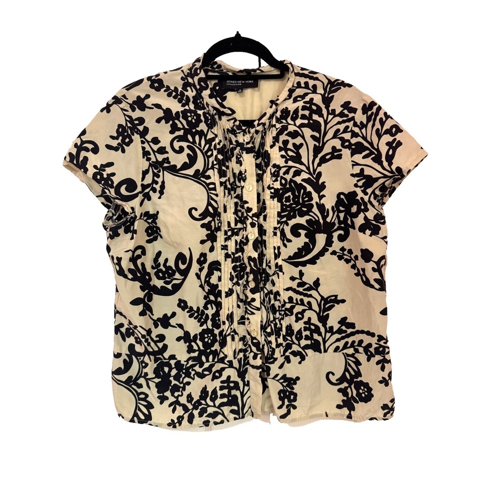 Jones New York Silk Blend Floral Pintuck Button Down Top Dark Cottage Breathable